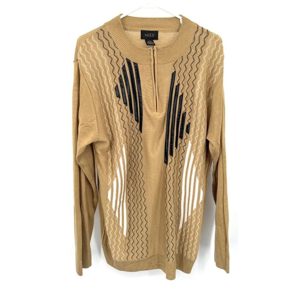 Miko 1/4 Zip Pullover Knit‎ Sweater Men's L Long Sleeve Brown Multi Patchwork